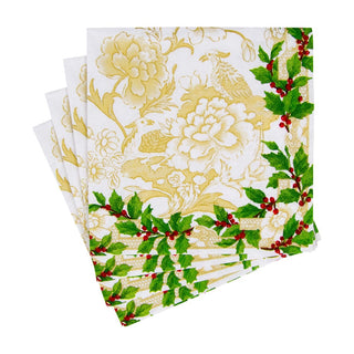 Caspari Holly Ceramic Ivory & Gold Cocktail Napkins - 20 Per Package 18090C