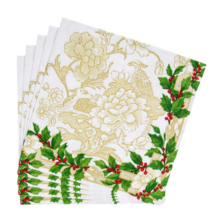 Caspari Holly Ceramic Ivory & Gold Dinner Napkins - 20 Per Package 18090D