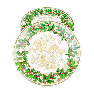 Caspari Holly Ceramic Ivory & Gold Dinner Plates - 8 Per Package 18090DP