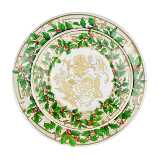 Caspari Holly Ceramic Ivory & Gold Dinner Plates - 8 Per Package 18090DP