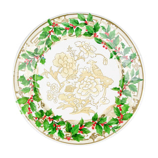 Caspari Holly Ceramic Ivory & Gold Dinner Plates - 8 Per Package 18090DP