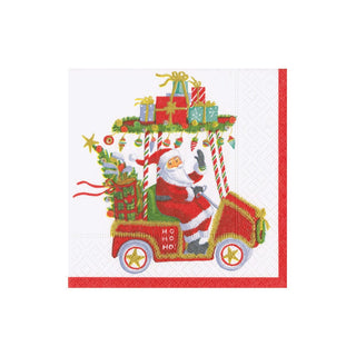 Caspari Santa's Golf Cart Boxed Cocktail Napkins - 40 Per Box 18190B