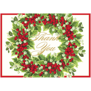 Caspari Holly And Berry Wreath Foil Thank You Notes - 8 Note Cards And Envelopes 92627.44B