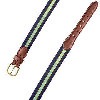 Barrons-Hunter Navy, Light Blue & Yellow. Grosgrain Belt with Brown Leather