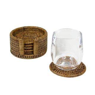 Caspari Rattan Round Coaster and Holder Set in Natural - Set of 6 Coasters and 1 Napkin Holder HCSRD001