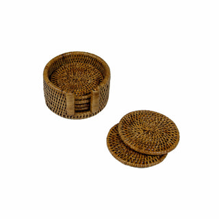 Caspari Rattan Round Coaster and Holder Set in Natural - Set of 6 Coasters and 1 Napkin Holder HCSRD001