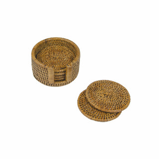 Caspari Rattan Round Coaster and Holder Set in Honey - Set of 6 Coasters and 1 Napkin Holder HCSRD002