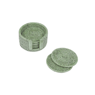 Caspari Rattan Round Coaster and Holder Set in Green - Set of 6 Coasters and 1 Napkin Holder HCSRD004