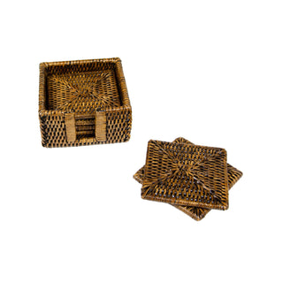 Caspari Rattan Square Coaster and Holder Set in Natural - Set of 6 Coasters and 1 Napkin Holder HCSSQ101