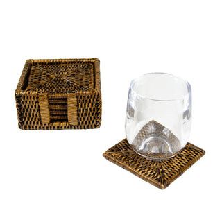 Caspari Rattan Square Coaster and Holder Set in Natural - Set of 6 Coasters and 1 Napkin Holder HCSSQ101