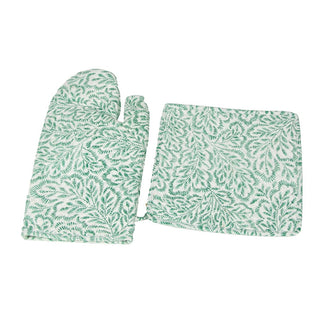 Caspari Block Print Leaves Green & White Oven Mitts And Pot Holders Set - 1 Piece Of Each OMPH007A