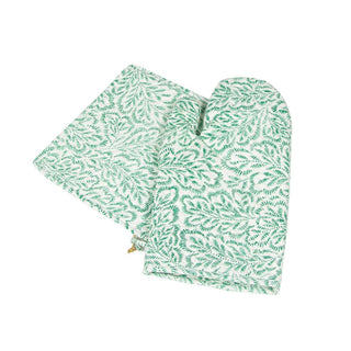 Caspari Block Print Leaves Green & White Oven Mitts And Pot Holders Set - 1 Piece Of Each OMPH007A