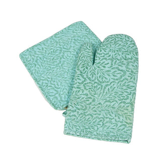 Caspari Block Print Leaves Turquoise & Green Oven Mitts And Pot Holders Set - 1 Piece Of Each OMPH007B