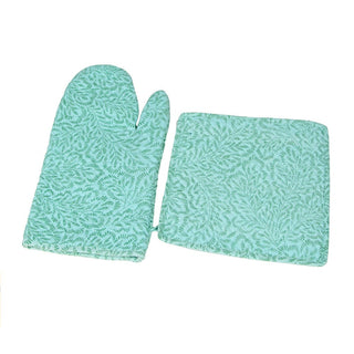 Caspari Block Print Leaves Turquoise & Green Oven Mitts And Pot Holders Set - 1 Piece Of Each OMPH007B