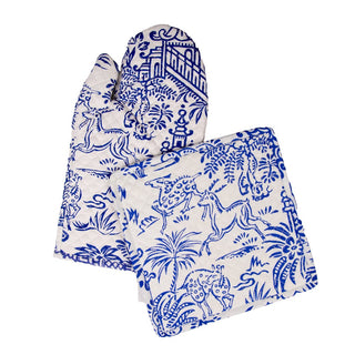 Caspari Pagoda Toile Blue & White Oven Mitts And Pot Holders Set - 1 Piece Of Each OMPH012A