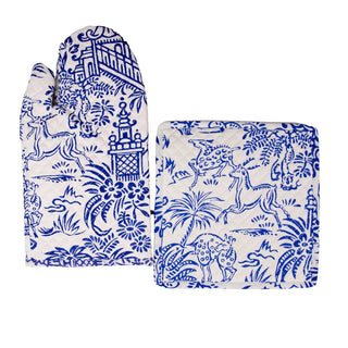 Caspari Pagoda Toile Blue & White Oven Mitts And Pot Holders Set - 1 Piece Of Each OMPH012A