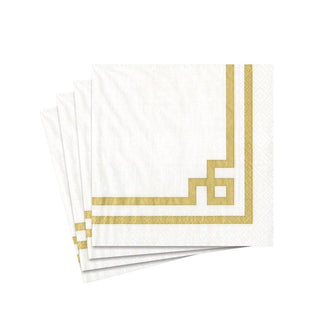 Caspari Rive Gauche Paper Cocktail Napkins in Gold & White - 20 Per Package 12541C