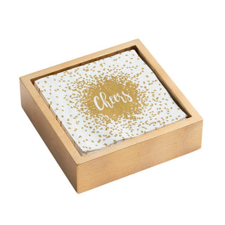 Caspari Cheers Cocktail Napkins & Gold Lacquer Holder Gift Set 14880C-HC10