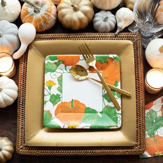 Caspari Heirloom Pumpkins Square Paper Salad & Dessert Plates in Ivory & Orange - 8 Per Package 15670SP