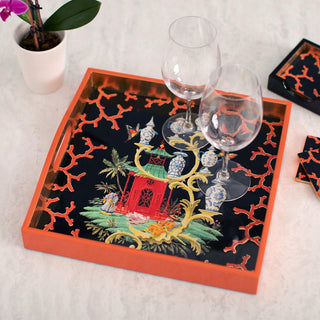 Caspari Rococo Fantasy Lacquer Square Tray in Black - 1 Each 16300LQSQR