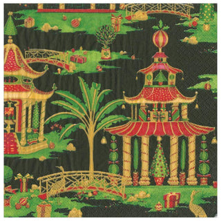 Caspari Christmas Pagodas Paper Dinner Napkins in Black - 20 Per Package 16611D