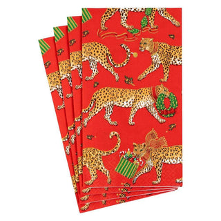 Caspari Christmas Leopards Paper Guest Towel Napkins in Red - 15 Per Package 16620G