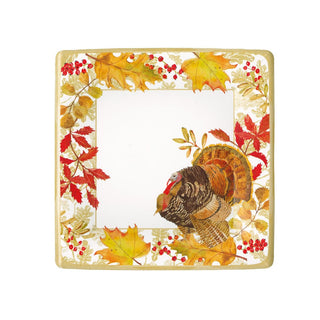 Caspari Woodland Turkey Square Paper Salad & Dessert Plates - 8 Per Package 17110SP