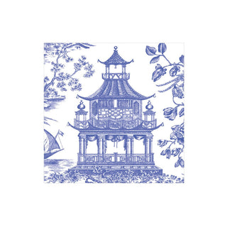 Caspari Chinoiserie Toile Pagoda Paper Cocktail Napkins in Blue - 20 Per Box 17510C