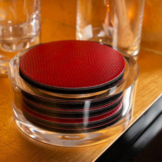 Caspari Round Snakeskin Felt-Backed Coasters & Holder Gift Set in Crimson 4007CR-HWC02