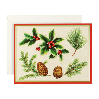 Caspari Holly, Evergreen, Pinecones Boxed Christmas Cards - 16 Cards & 16 Envelopes 80238