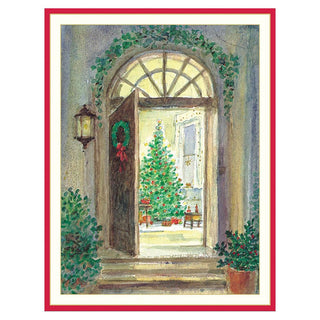 Caspari Open Door with Tree Boxed Christmas Cards - 15 Cards & 15 Envelopes 84208