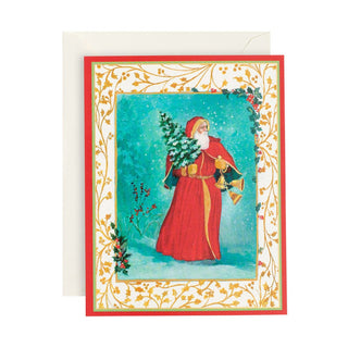 Caspari Santa with Tree in Snow Boxed Christmas Cards - 16 Cards & 16 Envelopes 86225