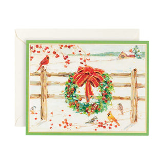 Caspari Wreath on Snowy Fence Boxed Christmas Cards - 16 Cards & 16 Envelopes 88216