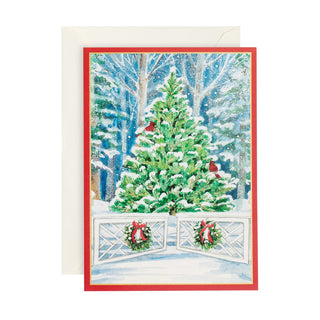 Caspari Snowy Tree and Gate Small Boxed Christmas Cards - 15 Cards & 15 Envelopes 89102