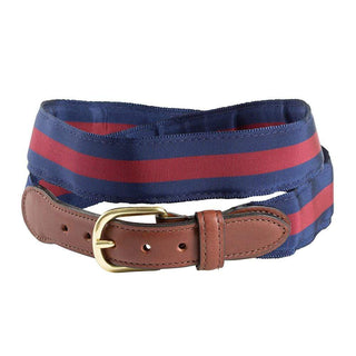 Barrons-Hunter Navy & Burgundy Stripe Grosgrain Belt with Brown Leather