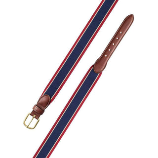 Barrons-Hunter Navy, Tan & Burgundy Grosgrain Belt with Brown Leather