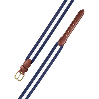 Barrons-Hunter Navy & White Stripe Grosgrain Belt with Brown Leather