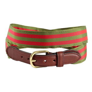 Barrons-Hunter Olive & Red Stripe Grosgrain Belt with Brown Leather