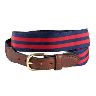 Barrons-Hunter Red & Navy Stripe Grosgrain Belt with Brown Leather