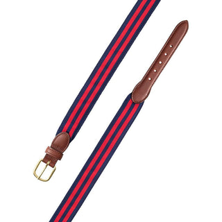 Barrons-Hunter Red & Navy Stripe Grosgrain Belt with Brown Leather