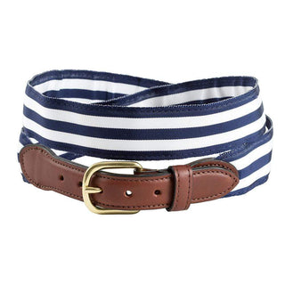 Barrons-Hunter White & Navy Stripe Grosgrain Belt with Brown Leather