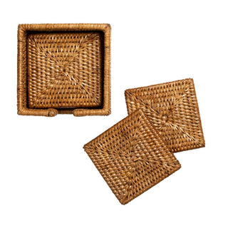 Caspari Rattan Square Coasters & Holder in Dark Natural - Set of 6 RS.24