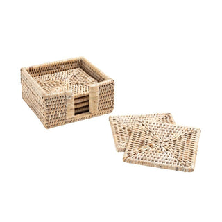 Caspari Rattan Square Coasters & Holder in White Natural - Set of 6 RS.24W