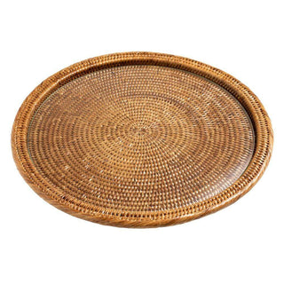 Caspari Rattan & Glass Round Serving Platter in Dark Natural - 1 Each RT.478