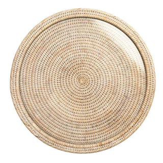 Caspari Rattan & Glass Round Serving Platter in White Natural - 1 Each RT.478W